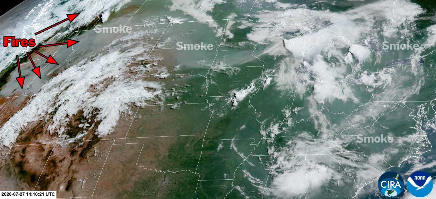 A satellite image this morning shows smoke riding the north end of a high pressure area. Fires in Pac NW, smoke across northern tier to Eastern US. 