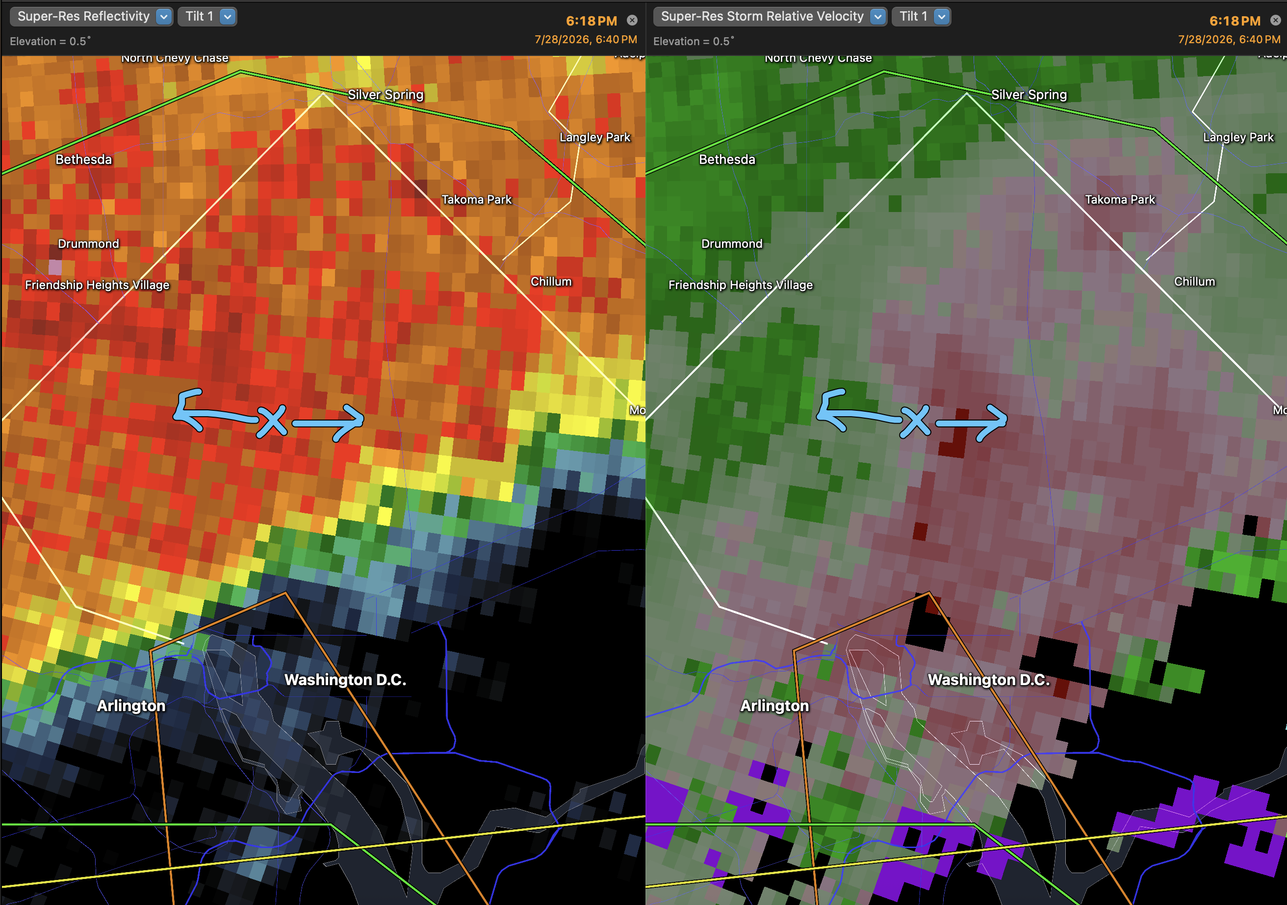 Radar images at the time of intense win in northwest DC on Tuesday. The left panel exhibits the intensity of rainfall. The right panel shows wind blow toward (green) and away (red) from the radar, indicating a spreading out of winds