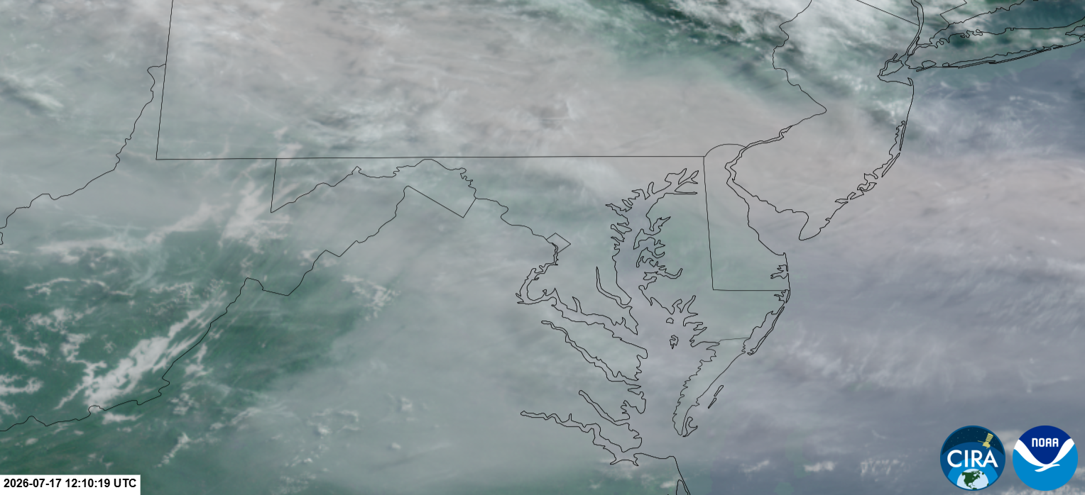 A visible satellite of the Mid-Atlantic showing smoke this morning