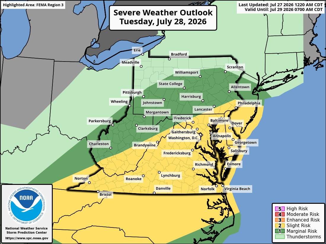 Map of severe storm risk area on Tuesday