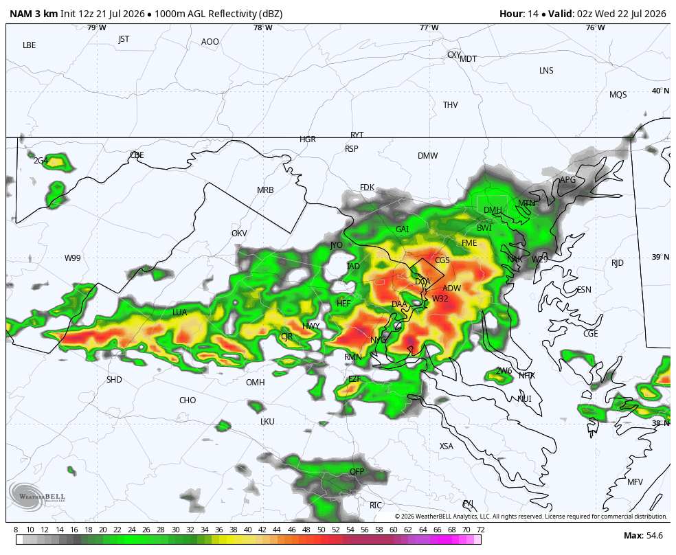 Map of forecast radar at 10 p.m. showing widespread storms in the DC area.