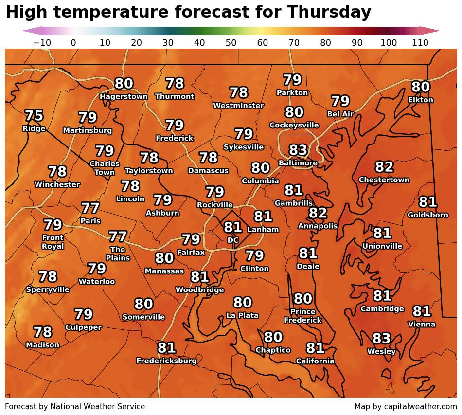 High temperature forecast for Thursday shows highs in the upper 70s and lower 80s in the DC region.