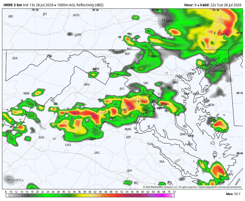 Map showing forecast radar at 6 p.m. with storms in the Beltway area.