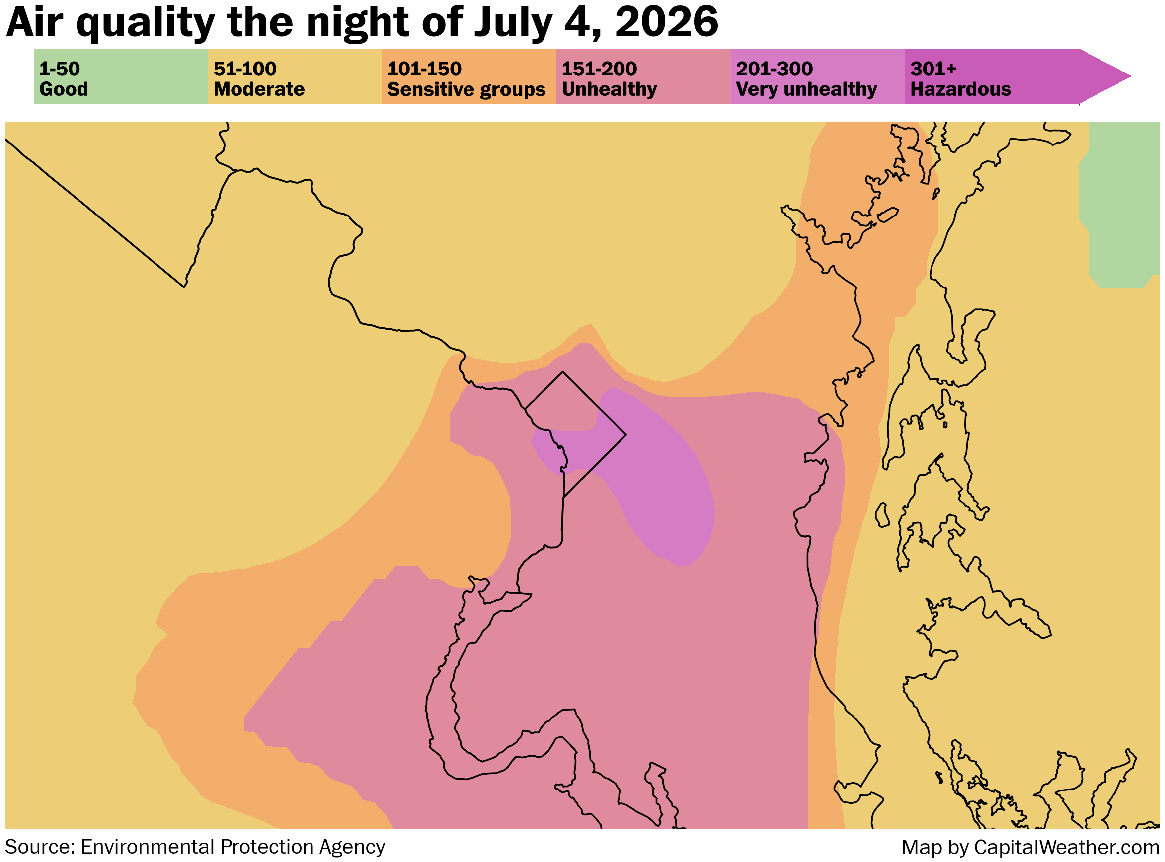 Map of poor air quality overnight July 4 into 5. DC is all in unhealthy with the eastern portion and MD in very unhealthy.