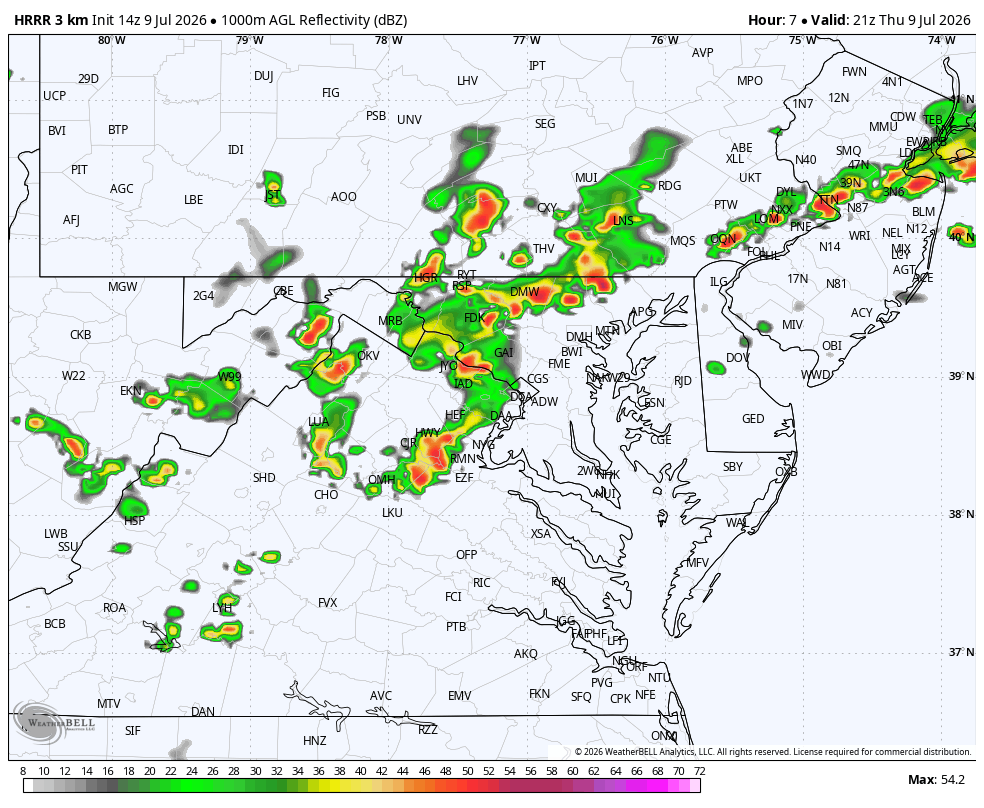 Image of predicted radar at 5 p.m. shows a line of storms approaching the Beltway.