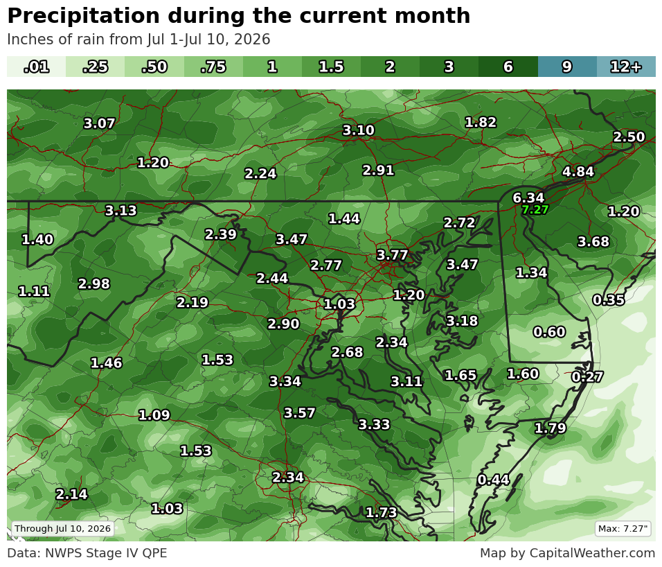 Rainfall map since July started shows lots of green. Much of the region is above average, but not DC.