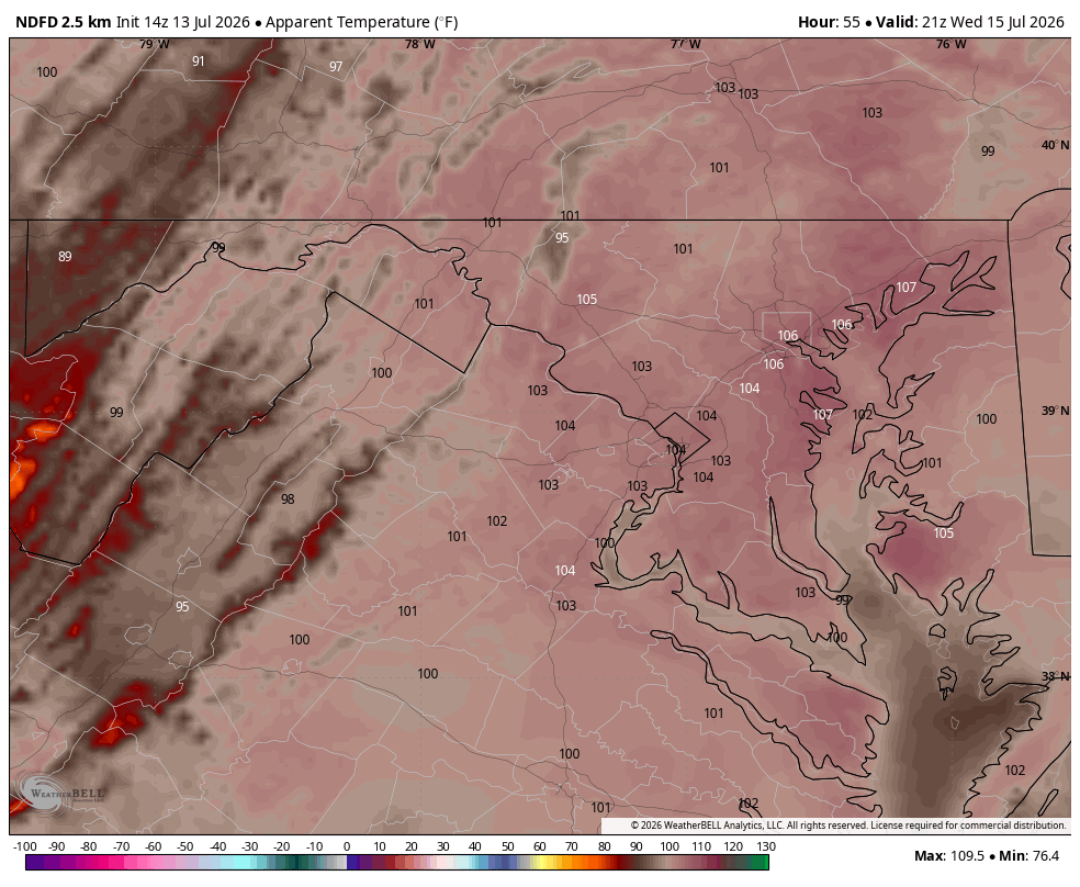 Map of predicted heat indexes on Wednesday.