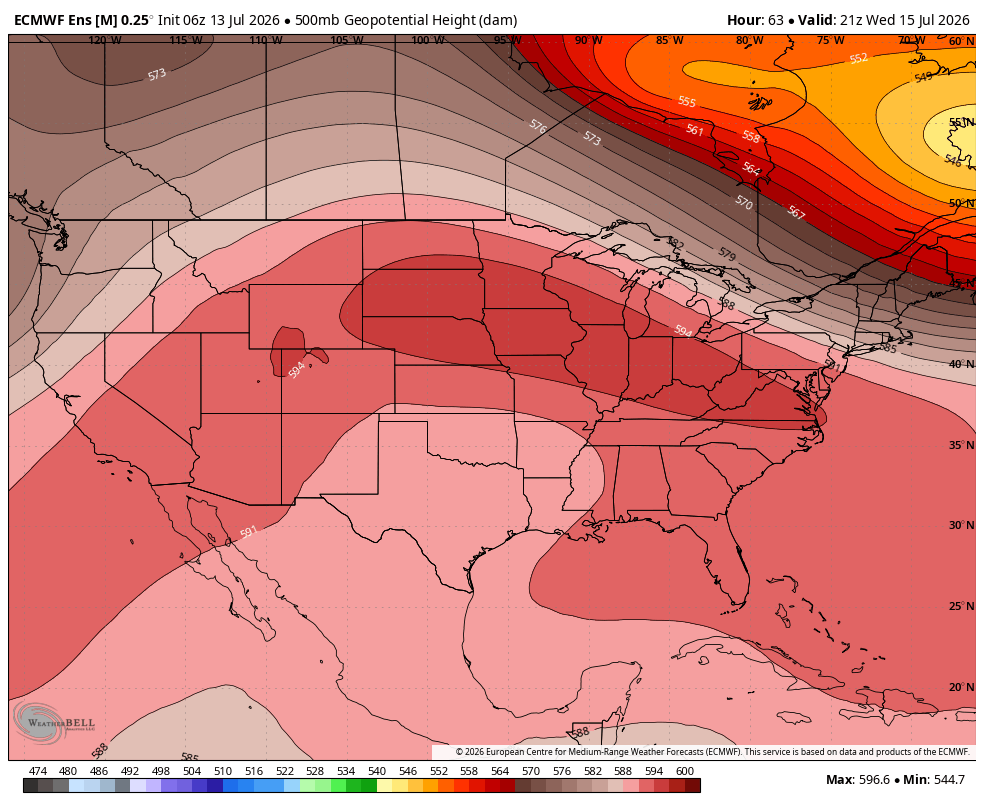 Map showing heat dome from the Dakotas to the Mid-Atlantic on Wednesday.