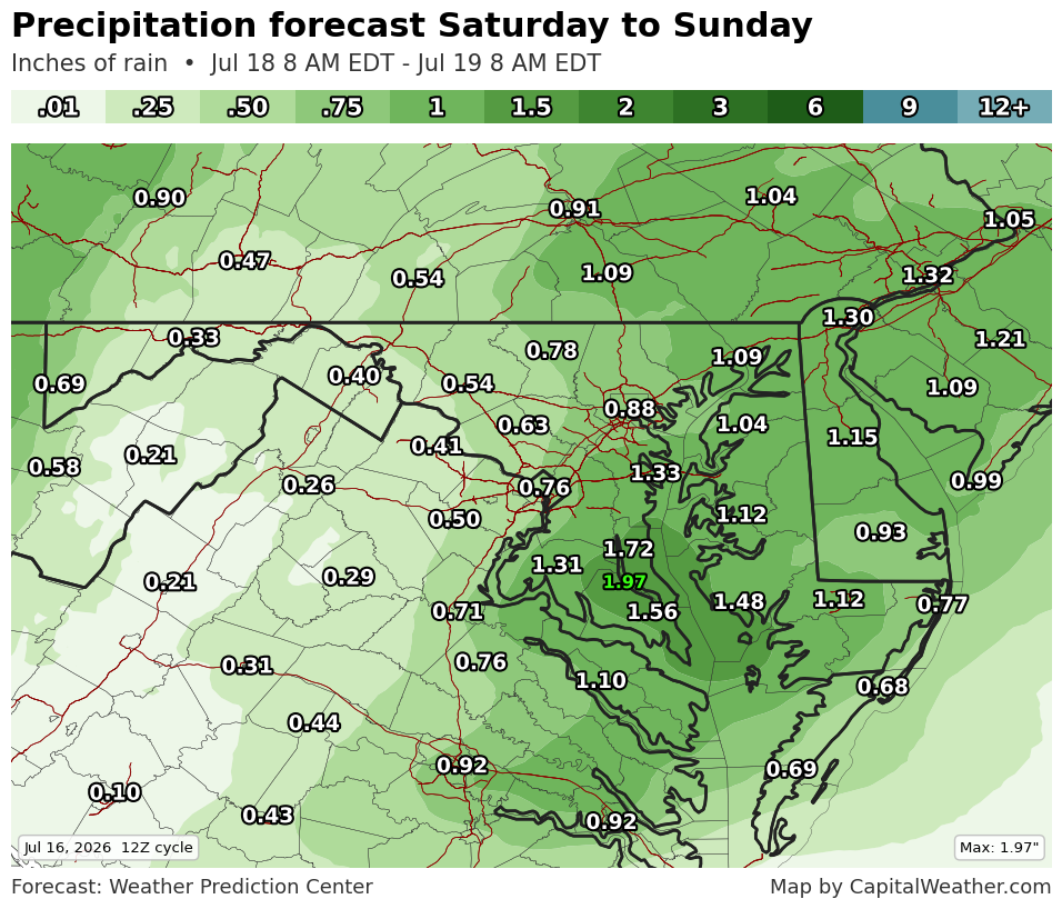 Rainfall forecast from the National Weather Service. It shows a range of about 0.4 to 1.7 in the region.