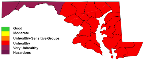 Map showing air quality forecast for Maryland on Friday.