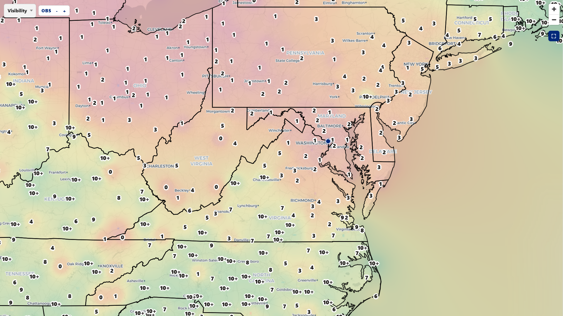 A map showing visibility in the Mid-Atlantic region and surrounds. It's bad in the smoke areas. 