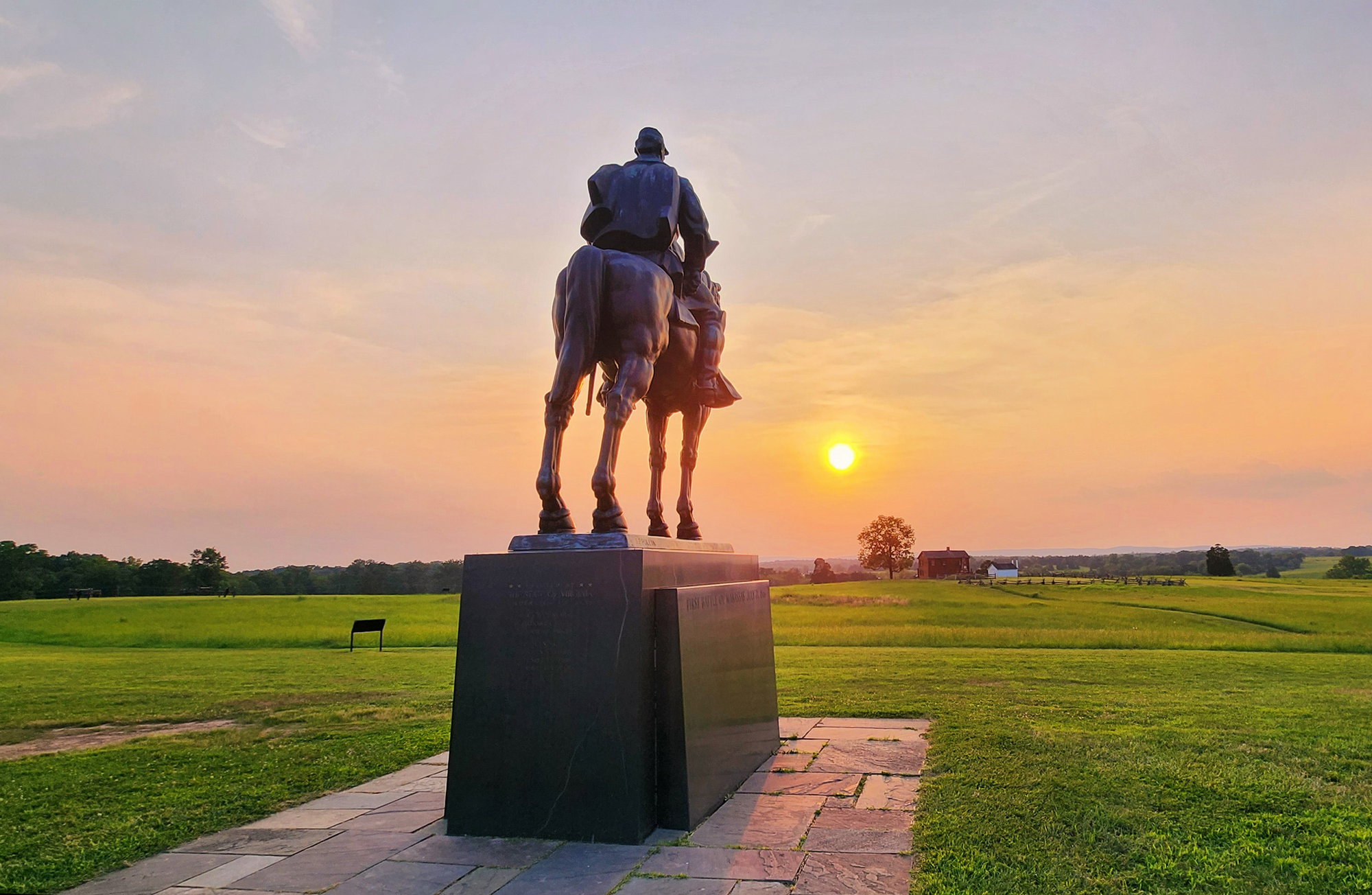 Photo of sunset, intensified by smoke, at Manassas National Battlefield Park.