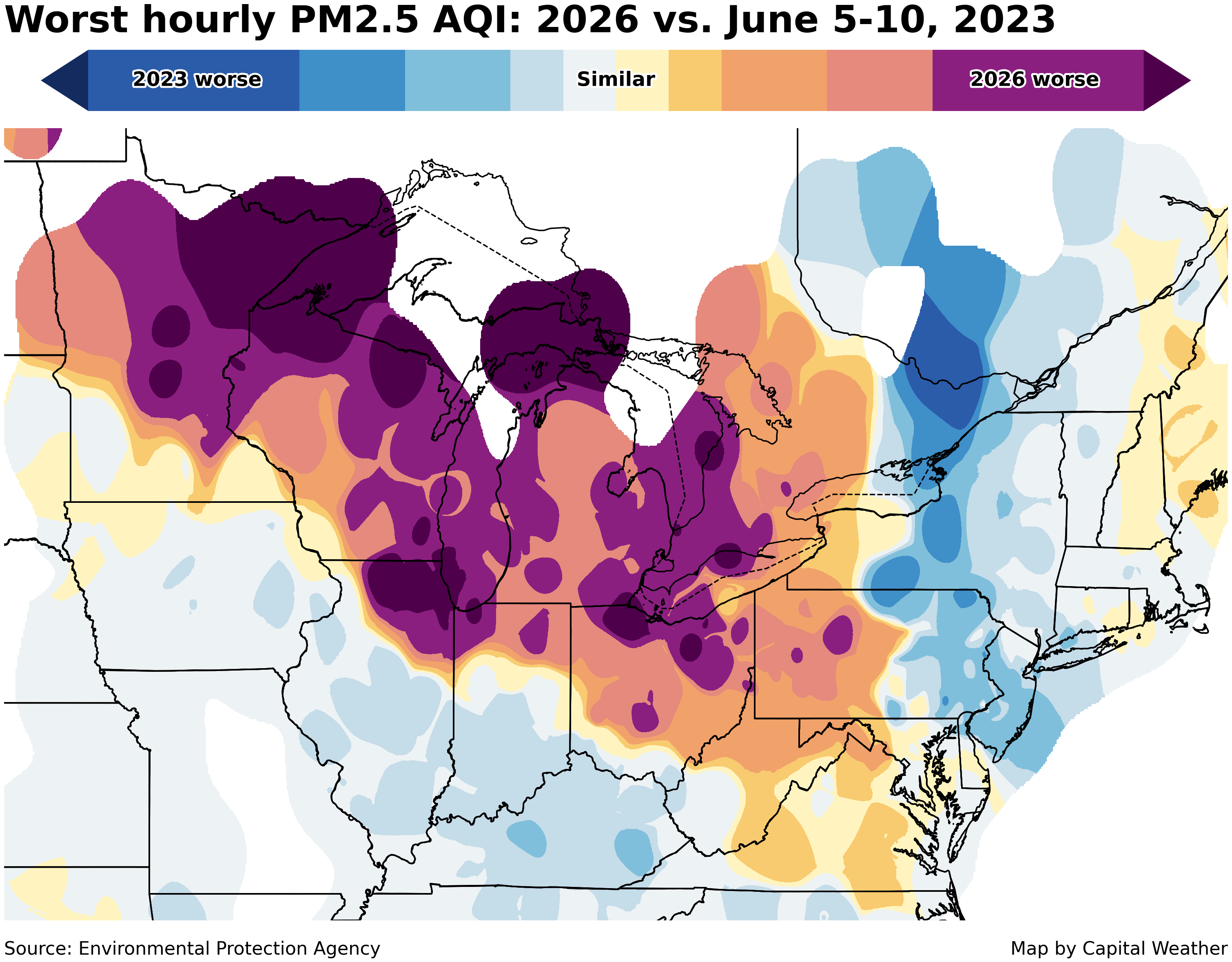 Map showing AQI comparison of max hourly in this event vs early June 2023. It was close to worse locally and much worse northwest.