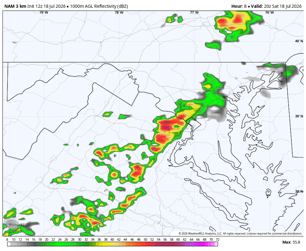 Simulated radar map showing storms approaching the Beltway area at 4 p.m.