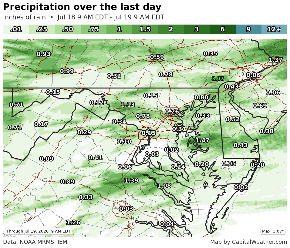 Map showing observed rainfall between Saturday and Sunday mornings.