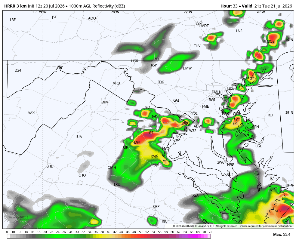 Map of forecast radar at 5 p.m. Tuesday