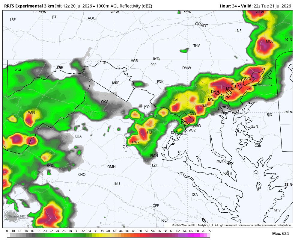 Map of forecast radar at 6 p.m. Tuesday