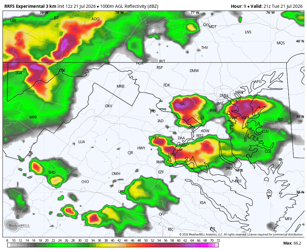 Map of forecast radar at 5 p.m. showing storms in the DC area.