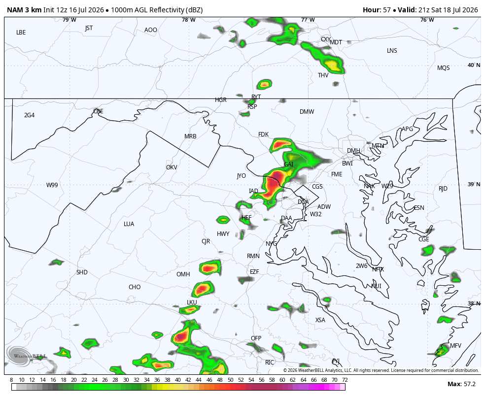 Simulated radar from the NAM weather model shows thunderstorms in the DC region