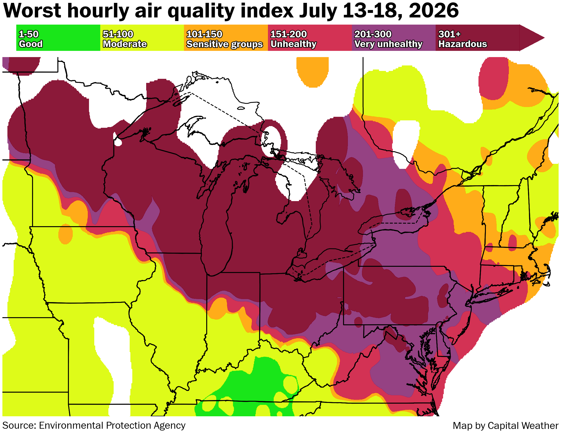 Map showing the worst hourly AQI during the smoke event. Much of the Great Lakes, Upper Midwest and Mid-Atlantic reached very unhealthy to hazardous.
