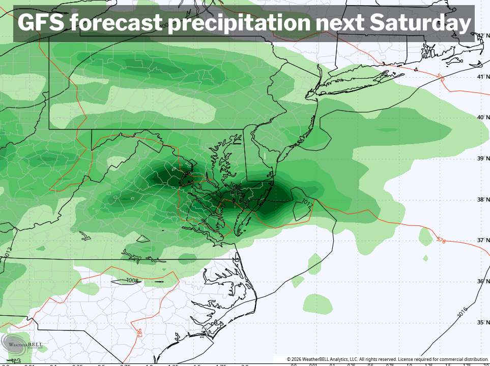 Forecast precipitation map for Saturday on the GFS weather model.