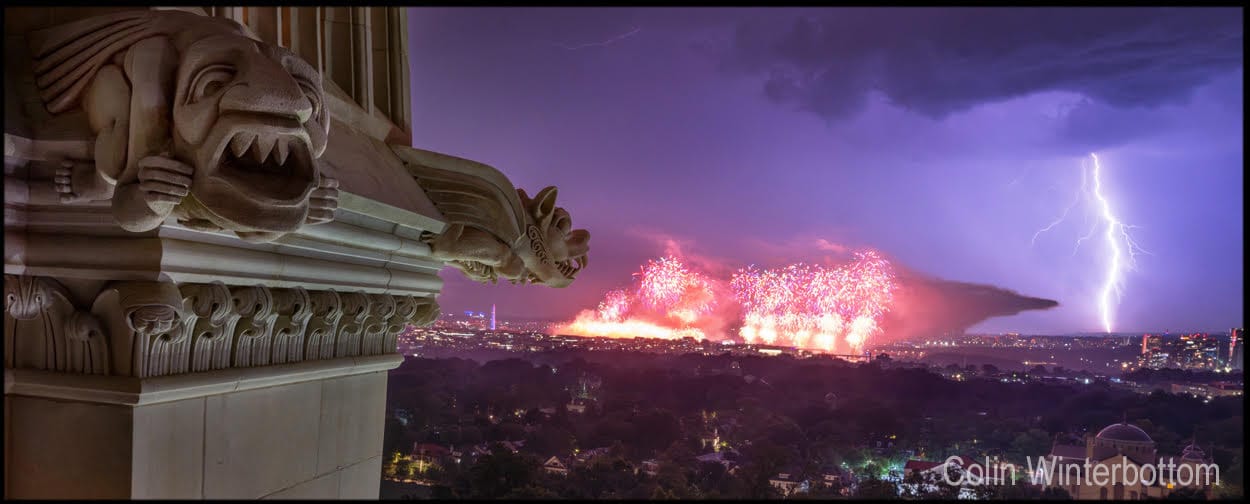 Photo of lightning during Fourth of July fireworks in DC on July 5, 2026.