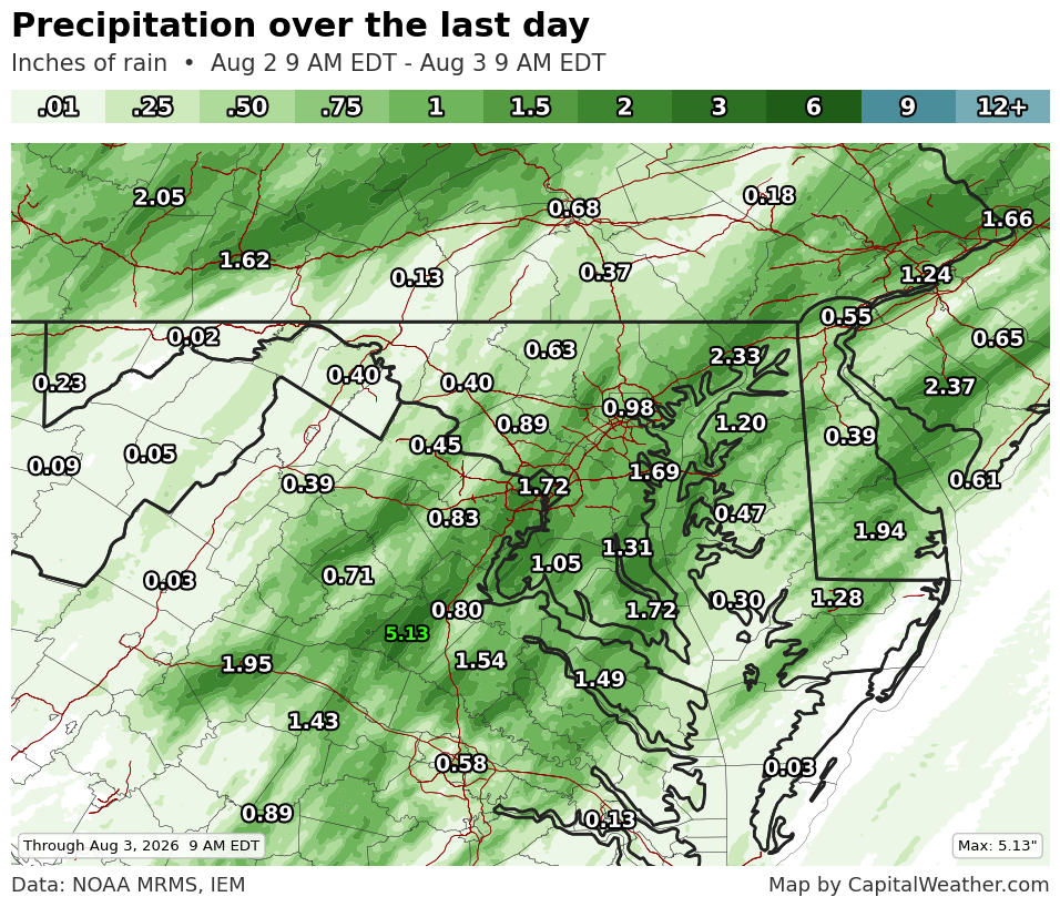 Map of observed rainfall Sunday.