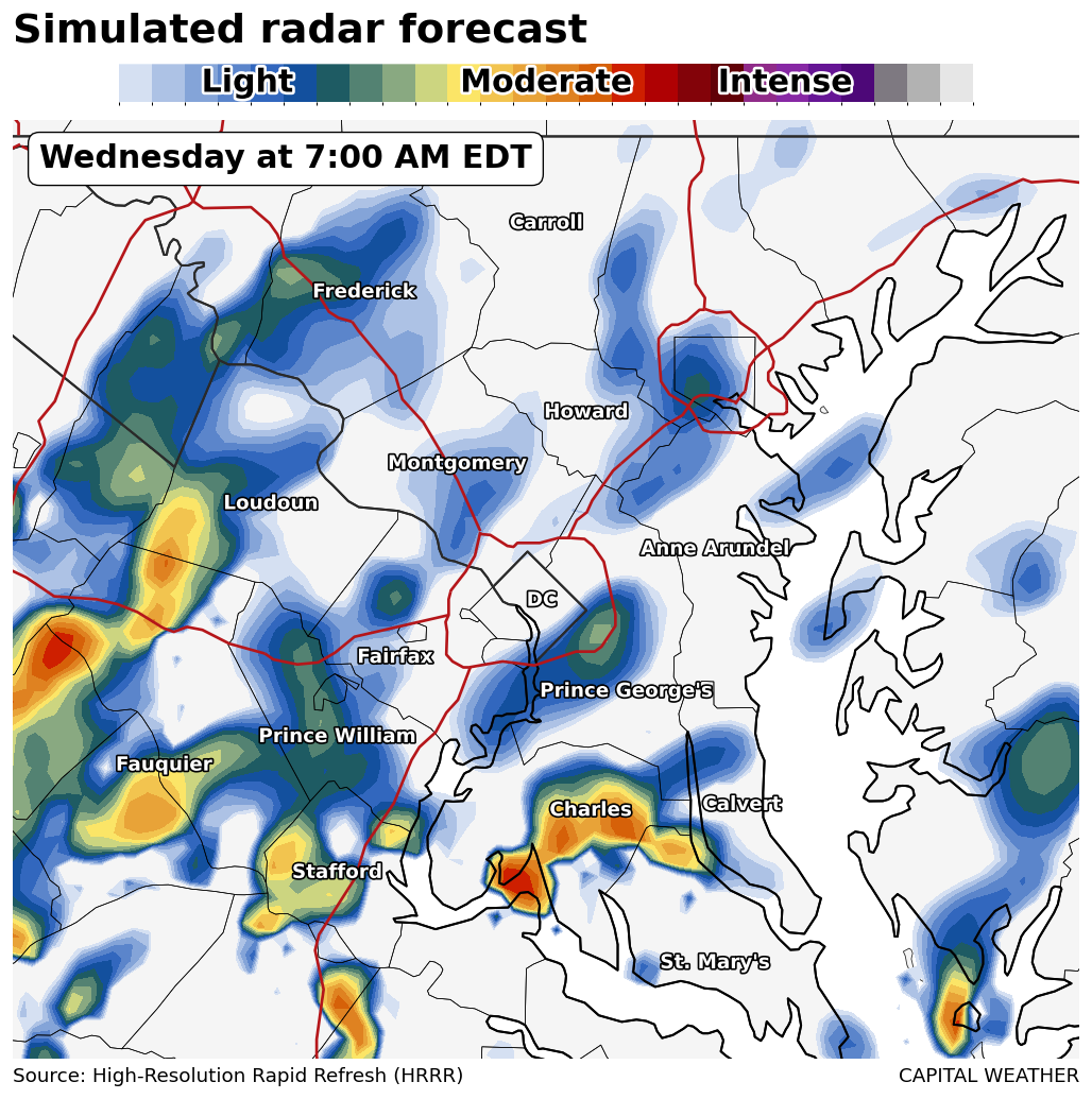 Simulated radar for 7 a.m. shows showers and storms focused south of DC in one of many simulations. 