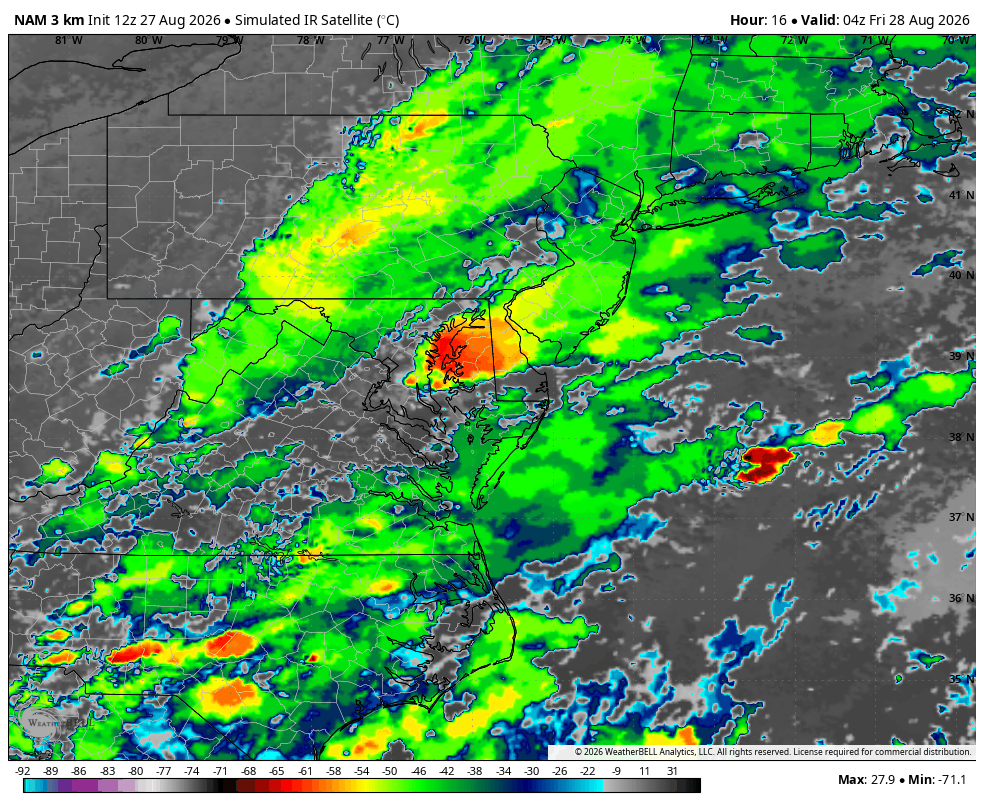 Forecast satellite image at midnight — near the peak of the lunar eclipse — from the high-resolution NAM model. It shows some breaks in the clouds over the DC area.