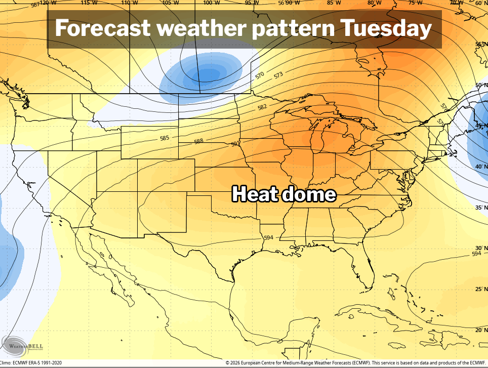 Weather pattern on Tuesday from the European model shows a heat dome shifting east.