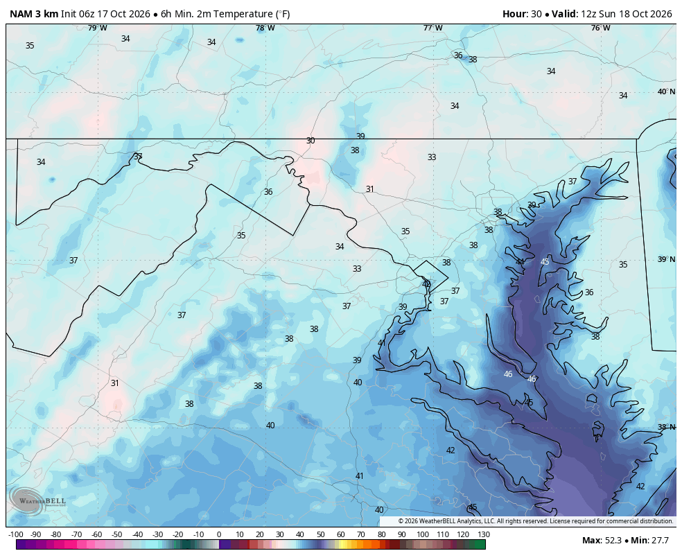 Low temperature forecast shows mostly 30s.