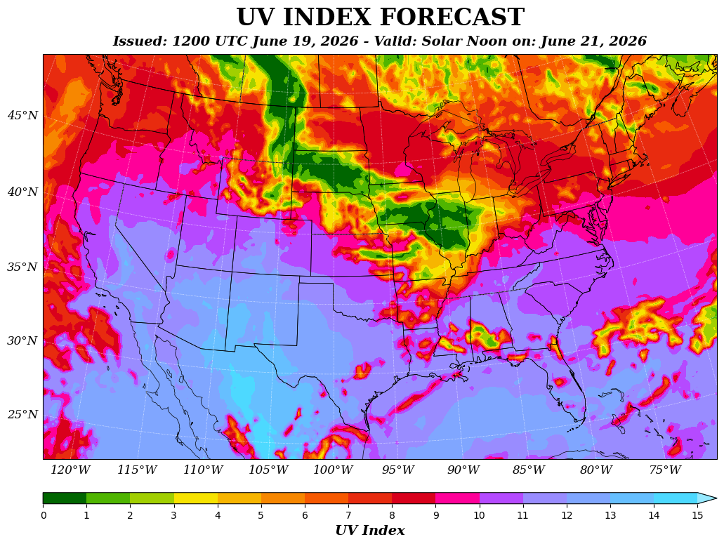 Bright colors on the UV forecast map around D.C. for tomorrow are dark red and magenta, indicating a UV level around 9 for solar noon at 1:10 p.m. EDT