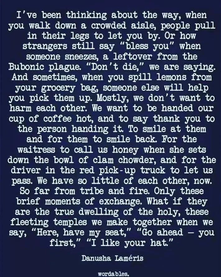 Text of the poem "Small Kindnesses" by Danusha Lameris, readable here: https://www.danushalameris.com/poems