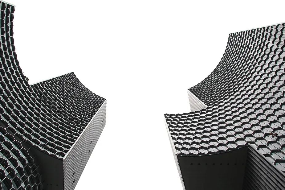 BW pic looking upward to tall curved buildings arcing in a hemisphere with a six-sided window pattern suggests honeycomb.