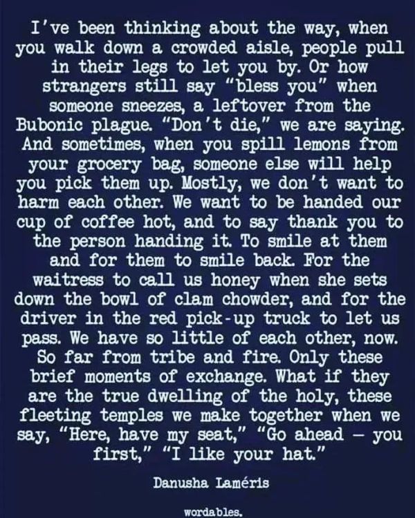 Text of the poem "Small Kindnesses" by Danusha Lameris, readable here: https://www.danushalameris.com/poems