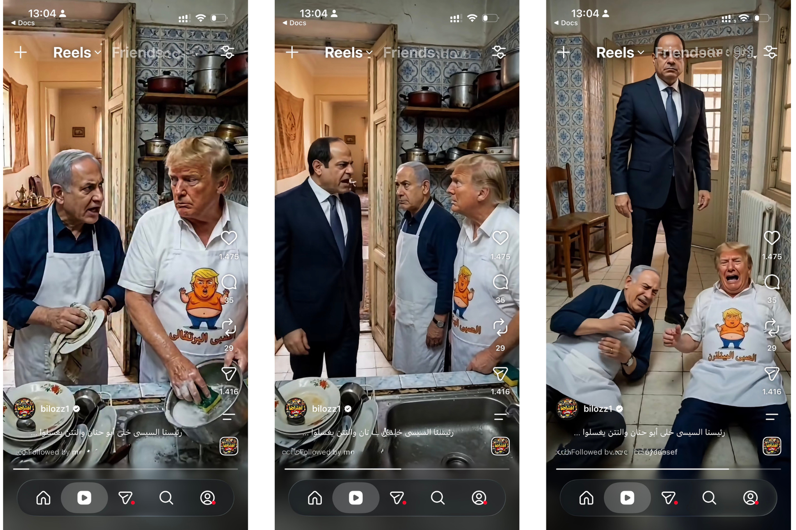 Three screenshots from instagram. On the left are Netanyahu and Trump doing dishes wearing overalls. Middle, Sisi arrives to yell at them. Right, Trump and Netanyahu on the floor crying and Sisi standing over them.