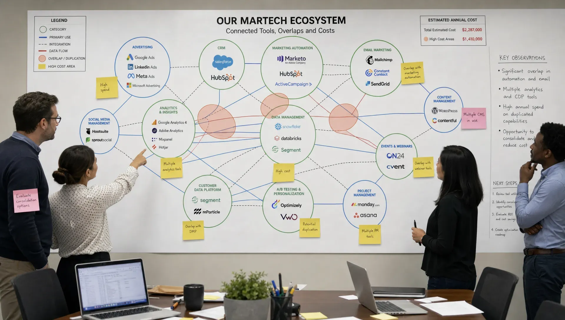 A marketing operations team reviewing a wall-sized map of connected martech tools, with overlapping circles representing duplicated capabilities and cost areas, shown straight on in a meeting room with sticky notes and connector lines.