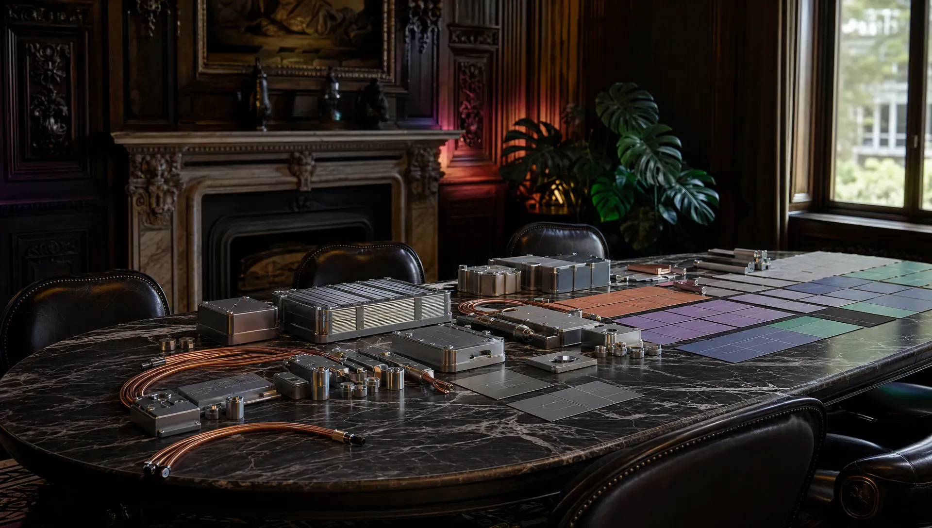 An ornate heritage boardroom with carved timber walls and a marble table covered in precision-machined aluminium modules, copper cables and neatly arranged marketing workflow cards without any text. Natural window light mixes with subtle purple, coral and emerald accents, showing the tension between classical architecture and tactile engineered technology.