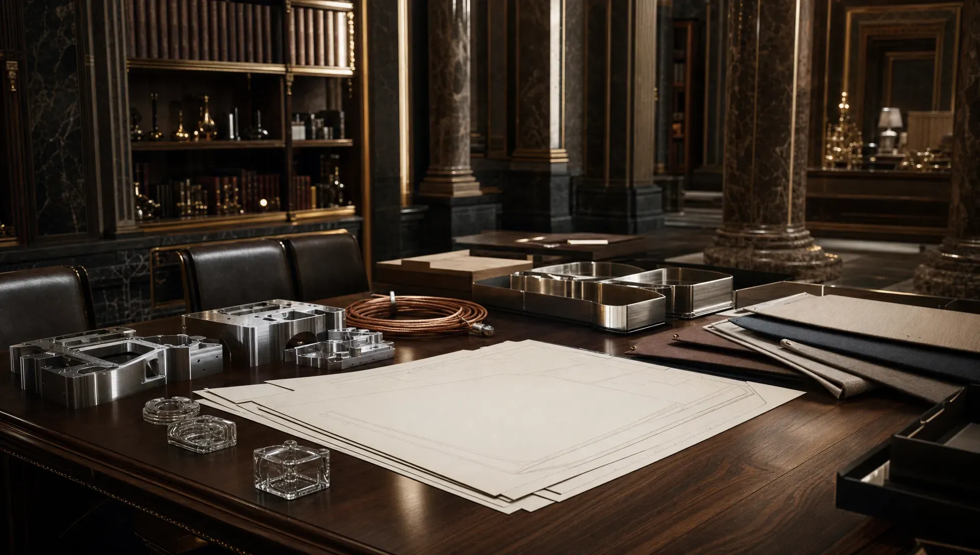 An ornate marble archive room with carved columns and gilded shelves, where unmarked paper workflow maps sit beside machined aluminium components, copper cables, brushed steel trays and glass markers on a walnut table, with fabric folders and warm light.