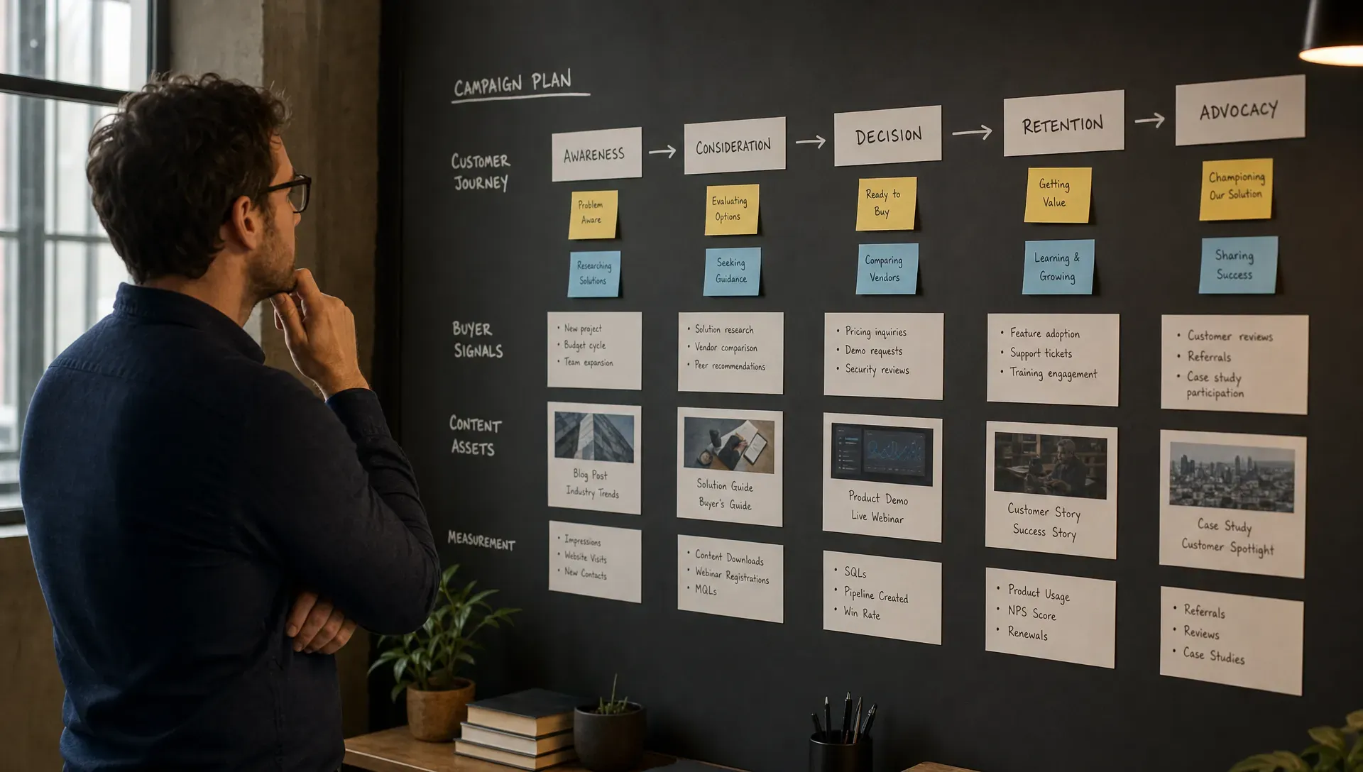 A single marketing leader studies a neatly arranged campaign planning wall with customer journey stages, buyer signals, content assets and measurement notes organised into a simple workflow, in a quiet studio-like room.