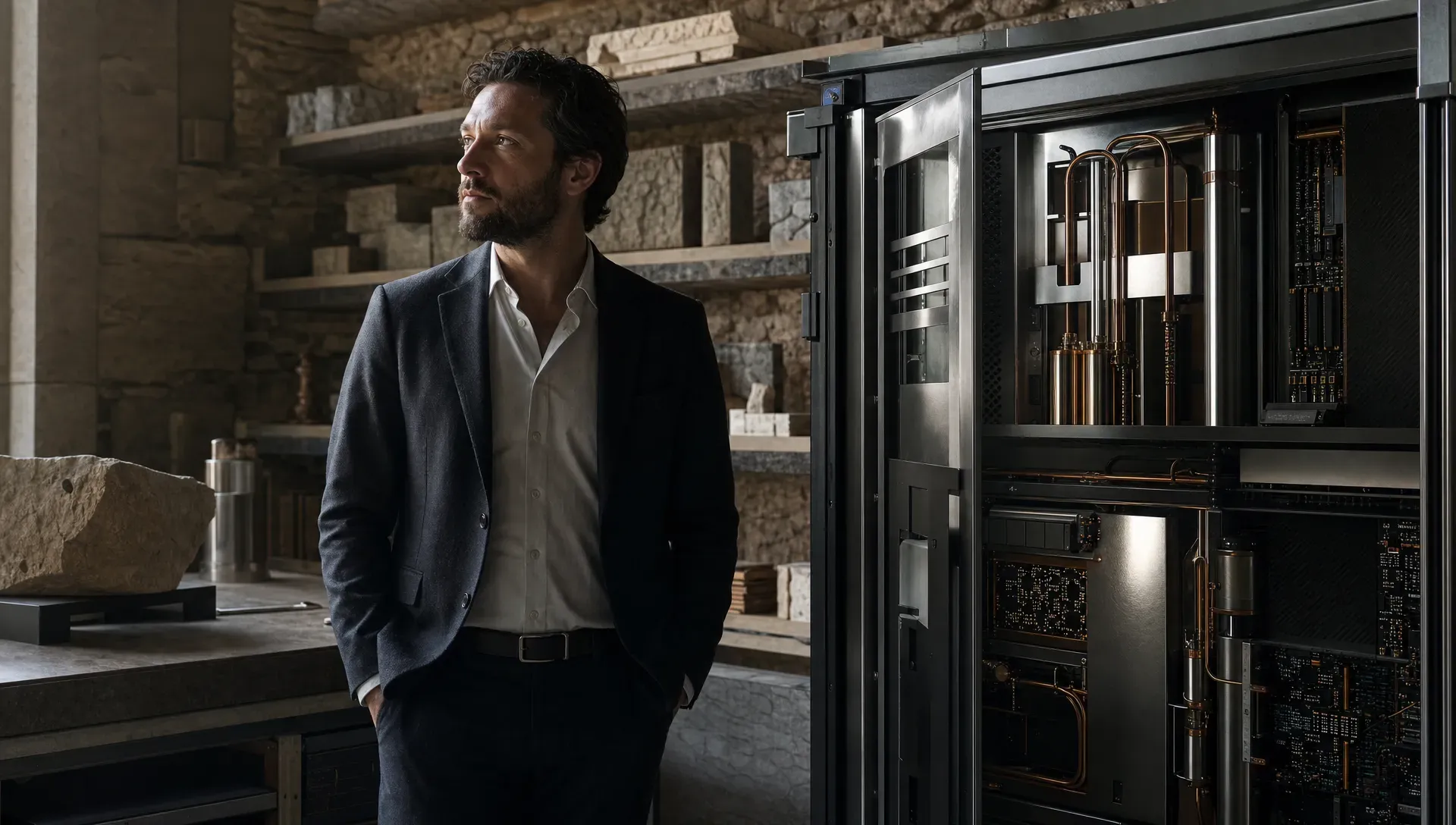 A solitary marketing technology leader stands beside an open industrial cabinet in a weathered stone archive workshop, with brushed steel, copper tubing, carbon fibre panels and exposed circuitry arranged around them, soft side light, a low horizon of stone shelving in the background, and no text or logos.