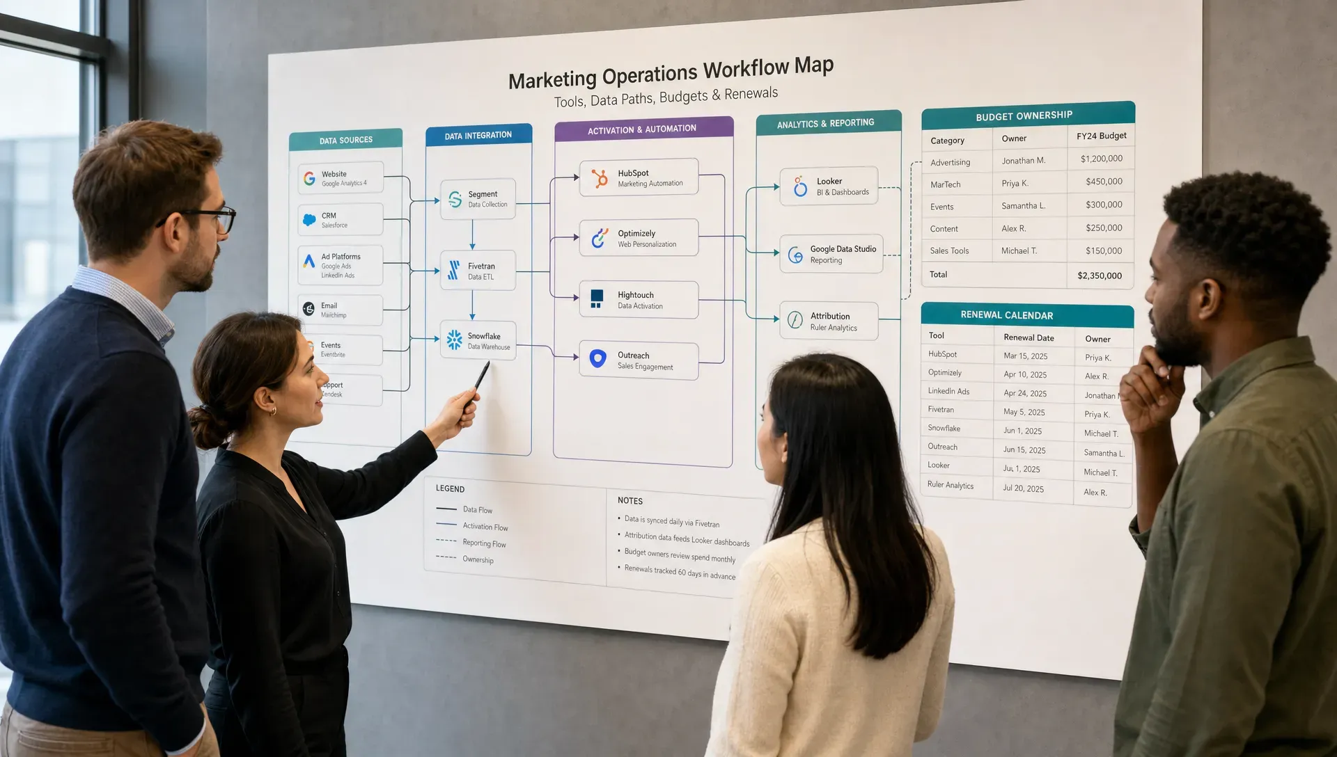 A marketing operations team standing in front of a wall-mounted workflow map that connects tools, data paths, budgets, and renewal dates into clear sections.
