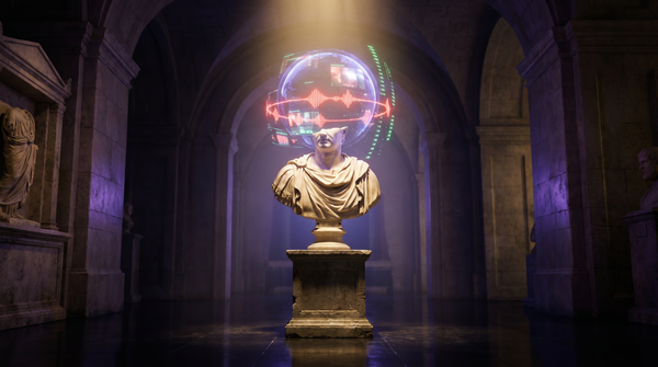 Classical marble bust of a Roman emperor with a glowing holographic data sphere replacing its head, symbolising the shift from institutional authority to digital influence