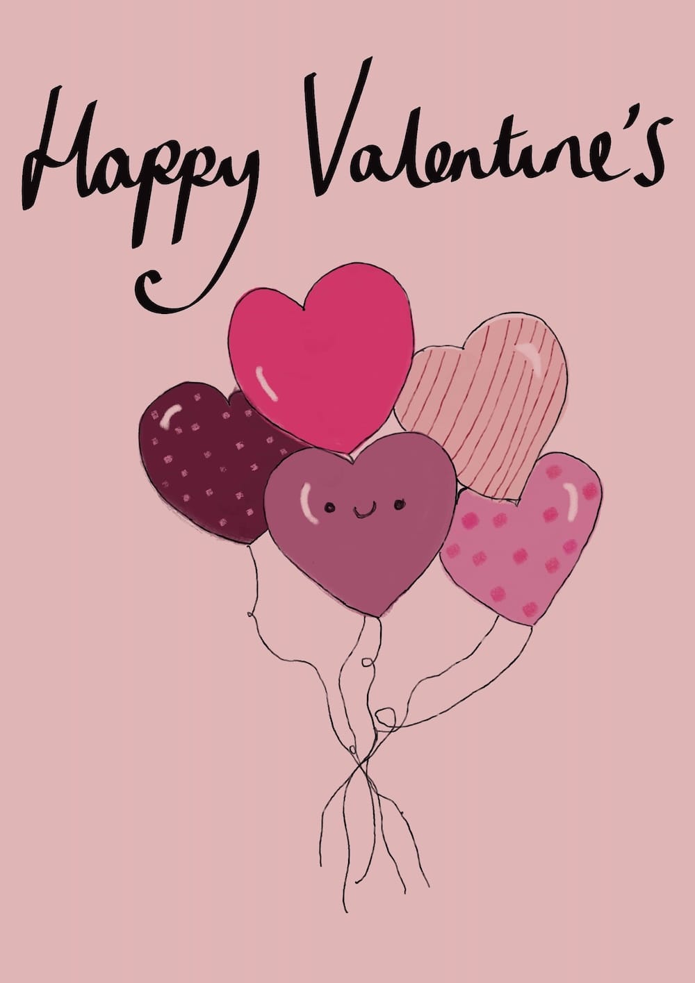 Easy and cute valentine's day card idea of a bunch of cute balloons and the text saying "Happy Valentines"