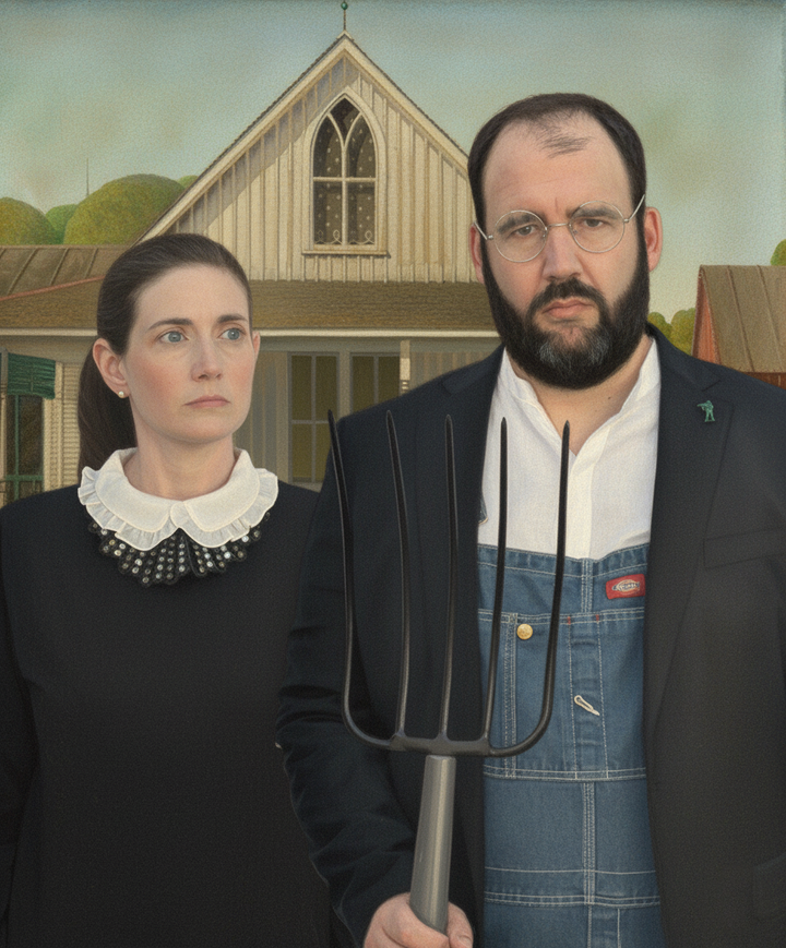 A recreation of the Grant Wood's "American Gothic." Jill is wearing a 'dissent collar' in the style of Ruth Bader Ginsburg. Philip is holding a five pronged manure fork.