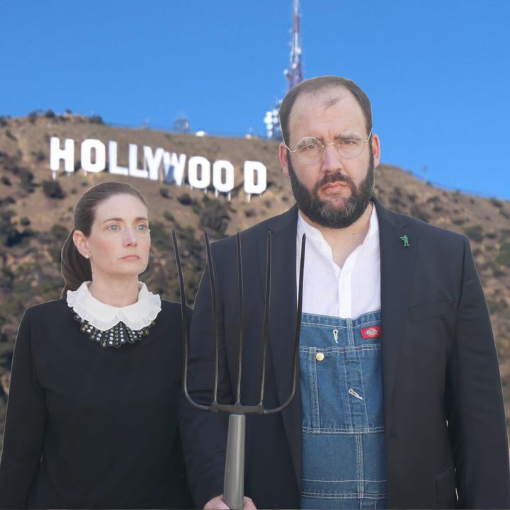 Hosts Jill & Philip Fields dressed in the style of American Gothic in front of the Hollywood sign.