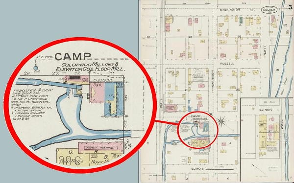 1886 Sanborn Fire Insurance map showing the location of the Rock Flour Mill. The flume that powered the mill also appears on the map.