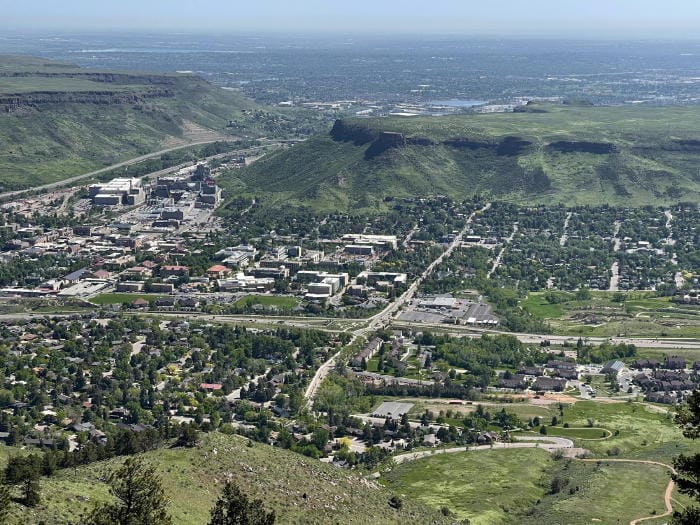View of Golden from Lookout Mountain.  Grass and trees are green with spring.