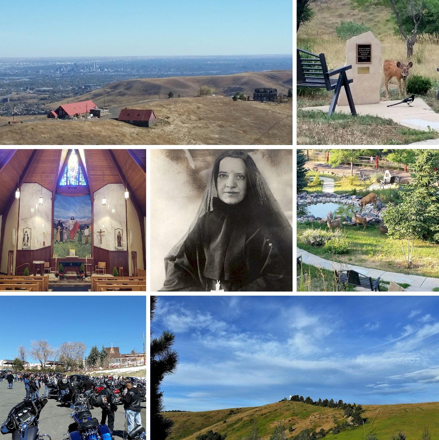 7 panels showing photos of the shrine, chapel, & landscape with photo of Mother Cabrini at center