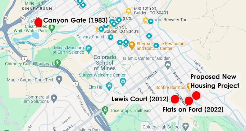 Google map with three red dots in the 23rd and Ford area and one on 10th Street